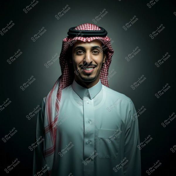 A portrait of a man wearing traditional Saudi attire, which includes a white thobe and a red and white ghutra with a black agal. The man is smiling, set against a dark background that highlights his facial features.
