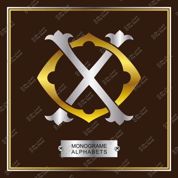 حرف X فضي داخل إطار زخرفي ذهبي معلق على لوحة مكتوب عليها " MONOGRAM ALPHABETS".