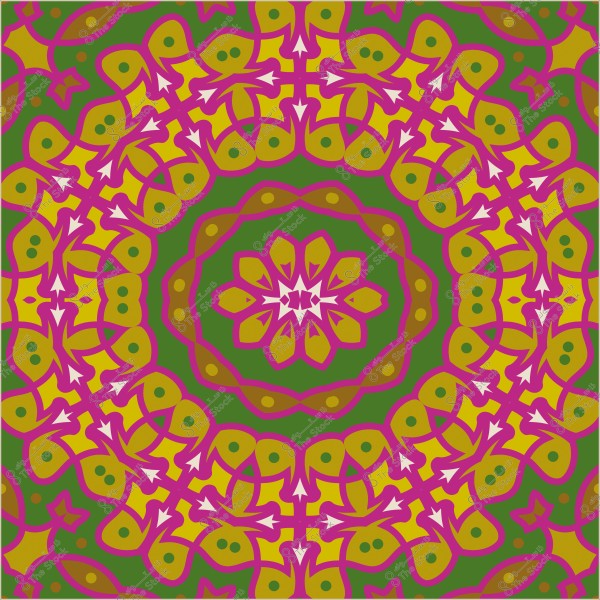تصميم هندسي متكرر بألوان زاهية تشمل الأخضر والوردي والأصفر, يشكل نمطًا دائريًا متماثلًا يشبه الماندالا.