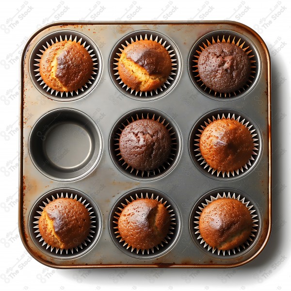 Chocolate and vanilla muffins in a metal baking tray, with one muffin slot empty. by AI