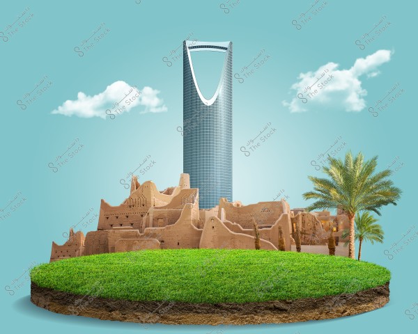 An image combining tradition and modernity, featuring a tall, modern tower in the background with a distinctive key-like design, alongside traditional ancient mud-brick buildings in the foreground. A green palm tree is visible on the right side, and lush green grass is at the bottom, under a clear blue sky with some white clouds.