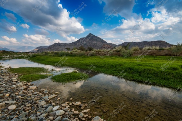 A landscape featuring a mountain in the distance under a blue sky filled with white clouds. In the foreground, a small stream runs through green land, surrounded by rounded stones and patches of green grass.