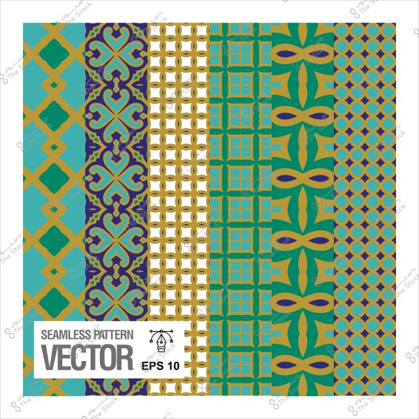 An image featuring a variety of colorful geometric patterns in blue, gold, and green, displayed in repeating designs.