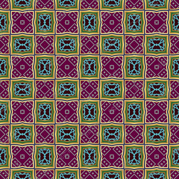Repeating decorative tile pattern with purple, blue, and green colors featuring geometric designs.