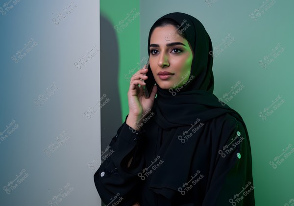 A portrait of a woman wearing a black abaya and hijab, standing next to a wall and speaking on the phone. The background features a dual color of light blue and green. The lighting highlights her facial features beautifully.