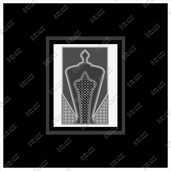 عمل فني بأسلوب الخطوط والنقوش يظهر شكلًا هندسيًا لإنسان داخل إطار أسود.