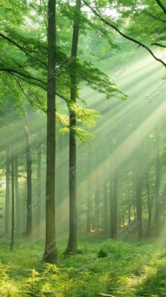 A dense green forest with sunlight streaming through tall trees. The rays illuminate the trees and the green foliage covering the ground. The scene evokes tranquility and stunning natural beauty.