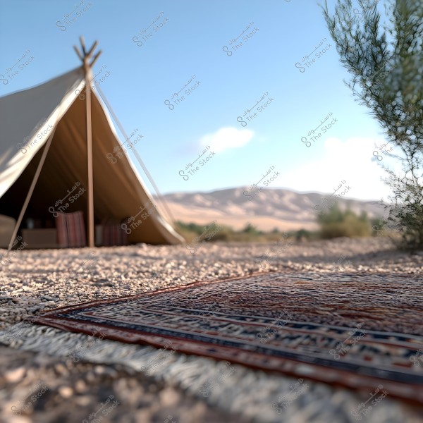A desert scene with a traditional Arabic tent made of light-colored fabric facing to the left. In the foreground, a decorative Oriental rug is laid on the gravel ground. Mountains appear in the background under a clear blue sky with some scattered clouds.
