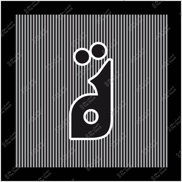 A black and white graphic design featuring abstract shapes centered among narrow vertical parallel lines. The main shape includes curved lines and small circles with a white double outline.