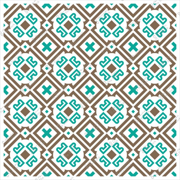 Geometric decorative pattern in brown and turquoise blue, consisting of symmetrical geometric shapes.
