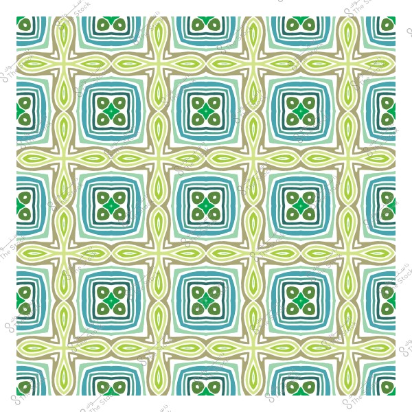 نقش هندسي بألوان خضراء وزرقاء متكررة, يتضمن مربعات وزخارف دائرية.