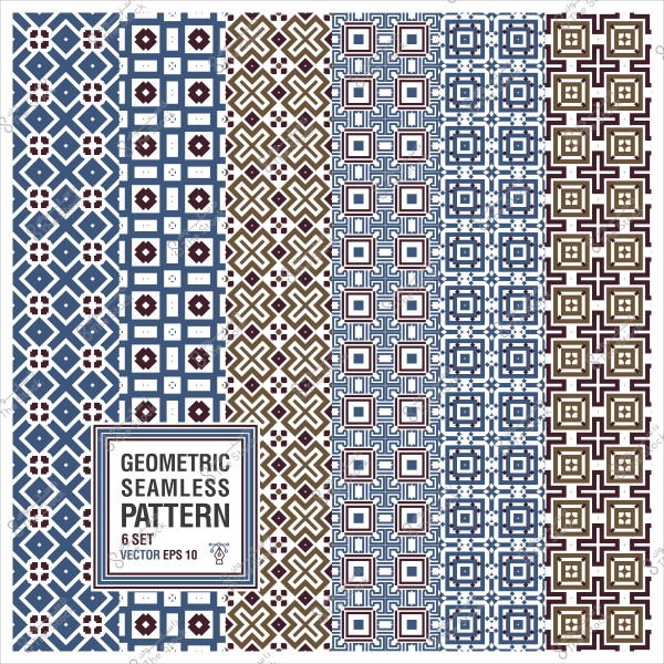 مجموعة من ستة أنماط هندسية متكررة بألوان مختلفة تشمل الأزرق والبني والبيج, معطاة في صورة واحدة.