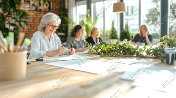 امرأة كبيرة في السن ترتدي قميصًا أبيضًا ونظارات جالسة على طاولة خشبية في غرفة مشمسة محاطة بالنباتات والأوراق الخضراء. يبدو أنها تكتب أو ترسم على ورقة بيضاء. في الخلفية توجد ثلاثة نساء أخريات غير واضحات, تجلس اثنتان منهن بجوارها في بيئة مزينة بالطوب والنباتات.