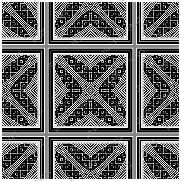 تصميم هندسي أبيض وأسود يتكون من خطوط متقاطعة وأنماط مربعة وزهرية.