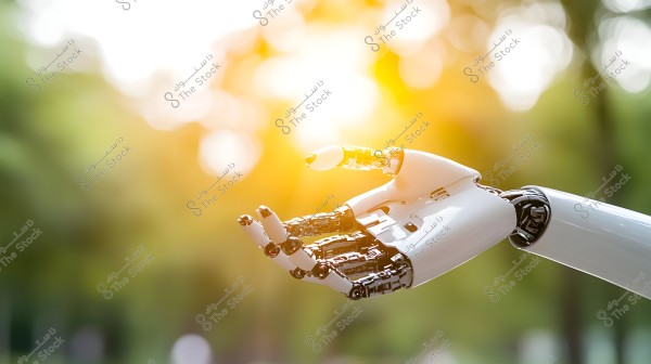 An image depicting a white robotic hand with intricate mechanical details. The hand is extended in a gesture resembling greeting or welcoming, set against a blurred natural background with green and orange hues, featuring a bright light effect.