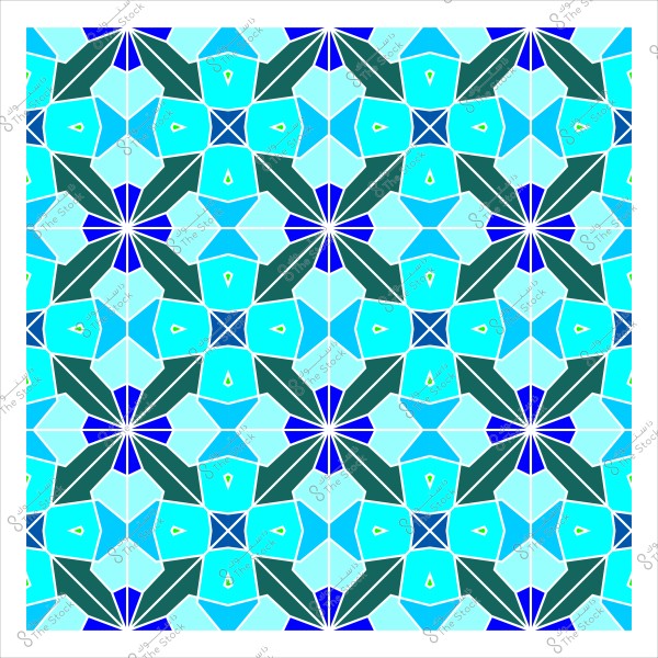 تصميم فسيفساء هندسي متكرر بألوان زرقاء وخضراء متناسقة, حيث تتشكل النجوم والمثلثات والخطوط المتقاطعة لتكوين نمط متقن يعكس الفن الإسلامي التقليدي.

-