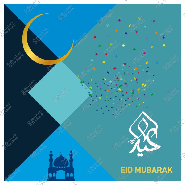 تصميم بطاقة عيد مبارك بخلفية زرقاء وهلال ذهبي وجامع وألوان نجوم وصورة خطية لعبارة عيد مبارك.
