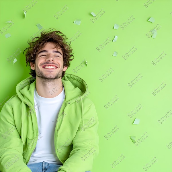 A photo of a man with a wide smile, eyes closed, standing in front of a vibrant green background. He is wearing a green hoodie, a white t-shirt, and blue jeans. He appears happy, with green paper confetti scattered around him.