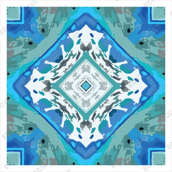 تصميم هندسي ملون بألوان زرقاء وبيضاء وخضراء يتداخل فيها أشكال تجريدية بشكل متماثل ومربع.