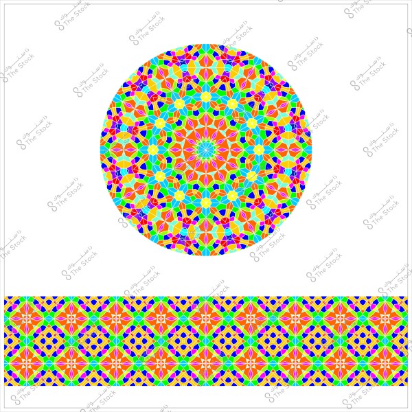 تصميم هندسي ملون يحتوي على دائرتين متماثلتين وقطعة مستطيلة, تستخدم أشكالاً هندسية متنوعة بألوان زاهية مثل الأزرق والأحمر والأخضر والأصفر, مما يعطي نمطاً فسيفسائياً رائعًا.

-