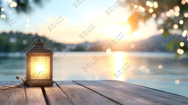 A lit lantern placed on a wooden surface in front of a scenic view featuring a lake and a beautiful natural backdrop. Trees are visible in the distant background with sunlight reflections on the water, adding a touch of beauty and tranquility to the scene.
