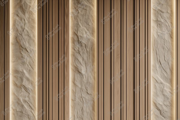 The image shows an interior design of a wall featuring vertical panels made of wood and stone. The dark wooden panels alternate with light-colored stone panels, creating a striking contrast. The warm indirect lighting provides a cozy ambiance and a sense of luxury and modernity.