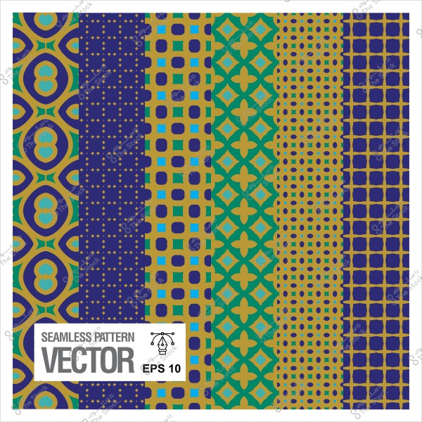 Seamless design featuring various geometric patterns in blue, green, and gold colors.