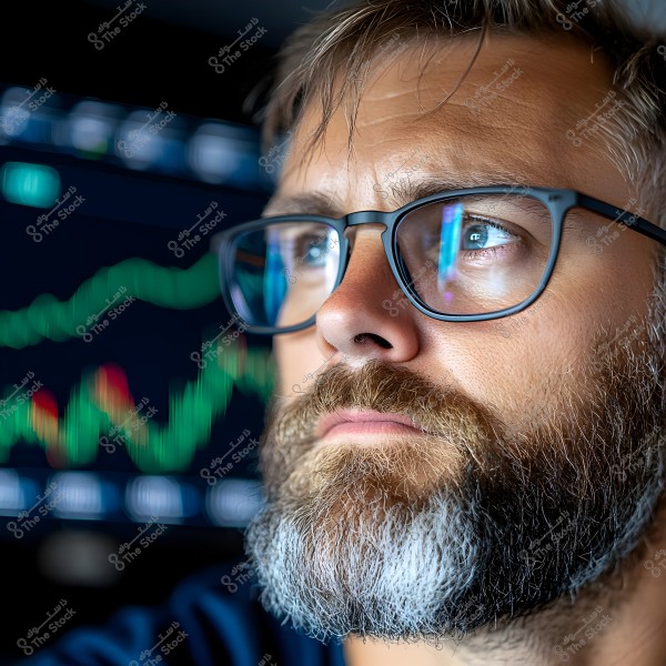 Image of a man wearing glasses, looking thoughtfully ahead. He has a beard and brown hair. In the background, there is a screen displaying green and red graphs, suggesting stock or financial market data.