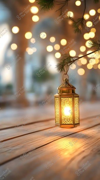 A lit lantern hanging from a tree branch, featuring a decorative golden design. The background contains blurred circular lights, creating a warm and serene atmosphere.