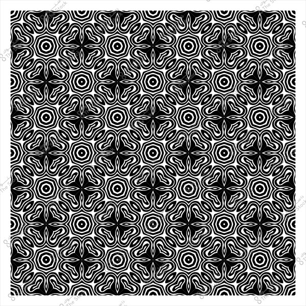 Black and white geometric pattern with repeating floral-like shapes and central polygons.
