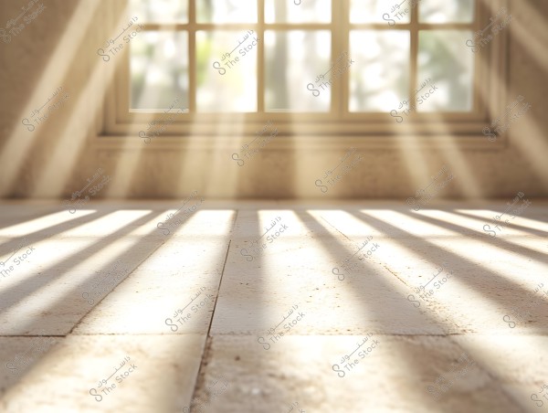 Sunlight streaming through a rectangular window casting reflections on a light-colored wooden floor, creating gentle shadows and a warm, bright atmosphere in the room.