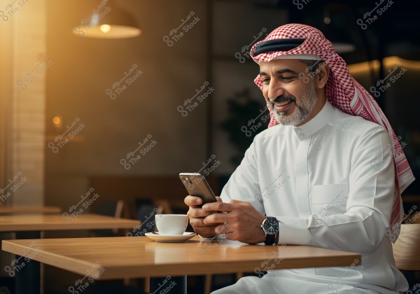 A man wearing a white thobe and a red and white ghutra is sitting in a café with warm lighting, using a smartphone. There is a cup of coffee on the wooden table in front of him. He appears happy and smiling, conveying a sense of comfort and relaxation.