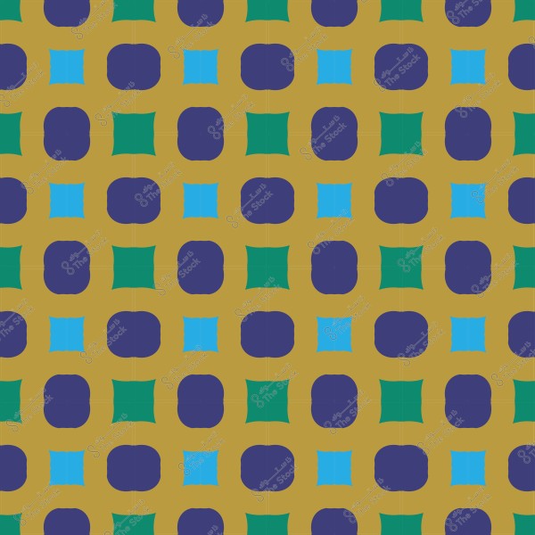 Colorful geometric pattern with square and circular shapes in blue and green on a yellow background.