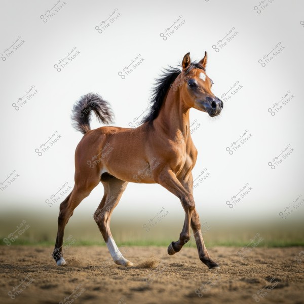 Image of a young brown Arabian horse running in a sandy field. The horse appears in motion with its tail raised in the air and a mane of black hair flowing on its neck. The field is depicted with a neutral brown color in the background and a clear sky.
