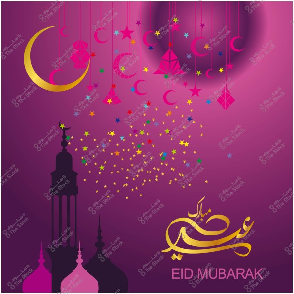 تصميم تهنئة بعيد الفطر يظهر الهلال والنجوم وزخارف إسلامية على خلفية بنفسجية مع عبارة \"عيد مبارك\" بالخط العربي.