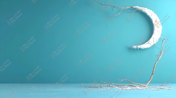 An image depicting a light blue background with a white crescent sculpture slightly tilted upwards to the right, connected to tree branches with brown bark, placed on a textured blue ground. The atmosphere is calm and minimalist, conveying a sense of tranquility and balance.