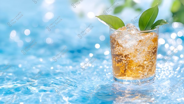 A glass filled with a brown liquid, ice cubes, and two green lemon leaves, placed against a blue watery background, evoking a refreshing summer atmosphere.