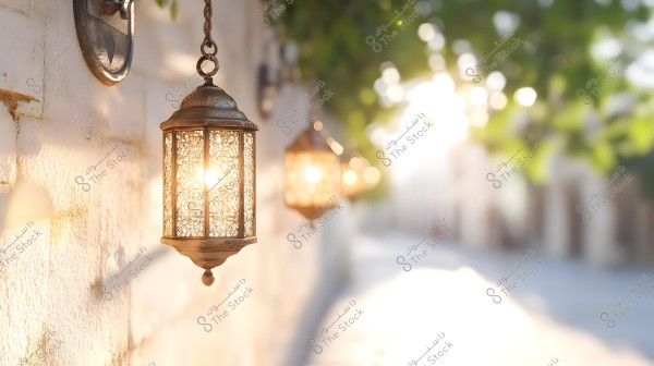 Image showing a traditional lantern illuminated and hanging on a stone wall. The lantern appears to be made of ornate metal, representing a traditional Arabic style. In the background, light extends through the passageway with green leaves visible at the top of the image.