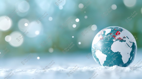 A small globe placed on a snow-covered surface, against a blurred blue and green background. The focus is on the Northern Hemisphere and Europe, depicted in red, with light effects adding a magical touch to the scene.