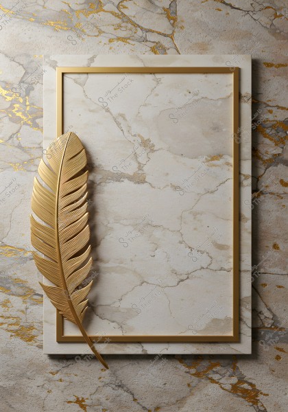 An image showing a golden feather placed on a marble background with gold accents and sheen. A flat golden frame surrounds a central marble slab. The design is elegant and luxurious with beige and gold colors.