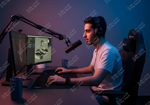 A man sits on a comfortable chair at a desk with two monitors, wearing headphones. He is in a softly lit room, using a keyboard and a microphone mounted on a flexible arm with the name \"dummy\". He wears a simple white T-shirt and a black wristwatch. He appears to be working or live streaming.