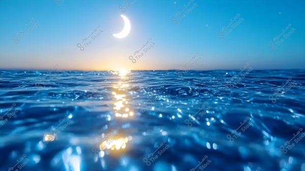 An image of a natural evening scene showing a crescent moon in the sky with its light reflecting on the calm blue sea surface. The horizon is visible in the background with gradients of blue to orange.