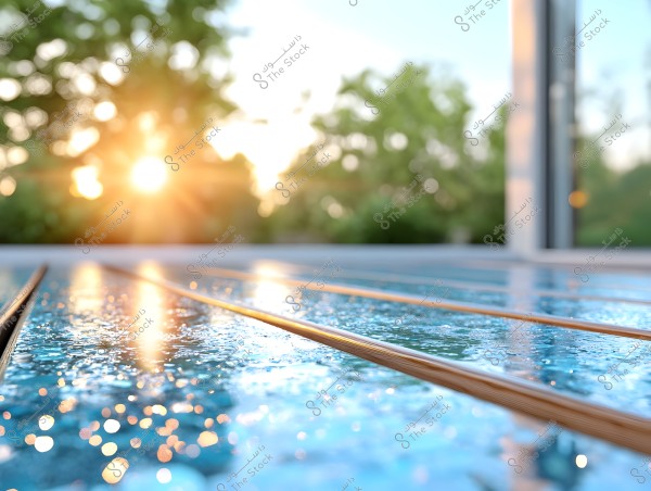 Image depicting a bright sun on the horizon glistening on a wet wooden surface. The golden reflections of the sun on the water create a sense of tranquility. Green trees in the background contribute to the natural and refreshing atmosphere.