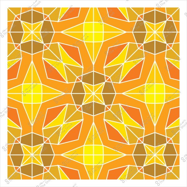 تصميم هندسي متماثل بنمط إسلامي يتكون من أشكال ثمانية الأضلاع ونجوم, ويتألف من ألوان صفراء وبرتقالية وبنية, مع تداخل وتكرار للخلايا الهندسية بشكل متناظر.

-