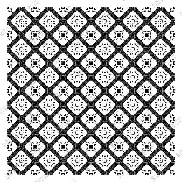 A geometric decorative pattern in black and white with repeating shapes.