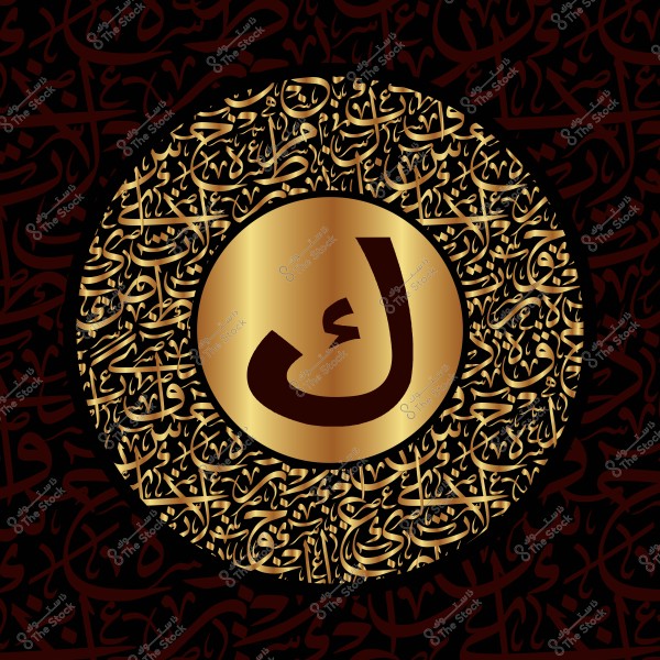 A circular image featuring a large Arabic letter \"L\" at the center, surrounded by a background adorned with golden Arabic calligraphy patterns on a black background. The design is detailed, with Arabic letters interwoven in a harmonious manner to create an intricate artistic pattern.