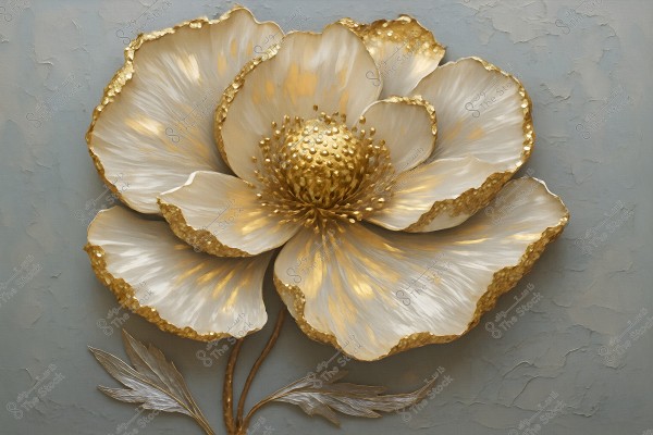 A detailed artwork of a large, open flower with white petals accented by golden edges. The soft gray background highlights the flower\'s intricate details, while a golden metallic stem extends below with green leaves.