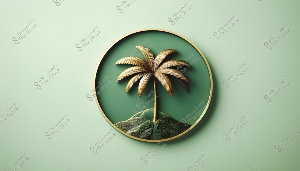 A 3D illustration of an ornate golden palm tree within a circular golden frame. The palm tree is set against a green background with intricate details of the palm leaves and trunk, giving it a refined and distinctive appearance.