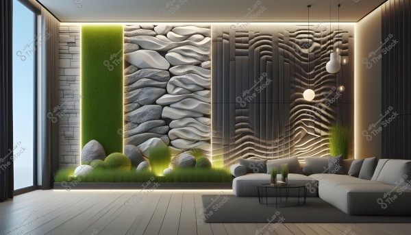Image of a modern room featuring textured walls with 3D designs of stones and wood, accented with patches of green grass adding liveliness to the ambiance. The floor is wooden with a light gray rug, and there is a comfortable white sofa on the right side with small decorative tables. Ceiling lights add a warm and cozy touch to the decor.
