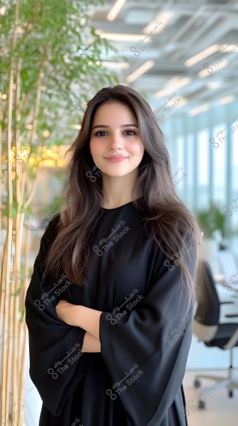 A portrait of a woman wearing a black abaya standing in a modern office. She appears confident and relaxed, smiling at the camera. In the background, there are details of an open office space with modern furniture and plants, lit by natural light from large windows.